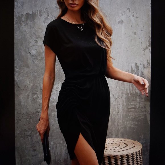 069. Black Side Shirring Short Sleeve Mini Dress Size S - Picture 1 of 13